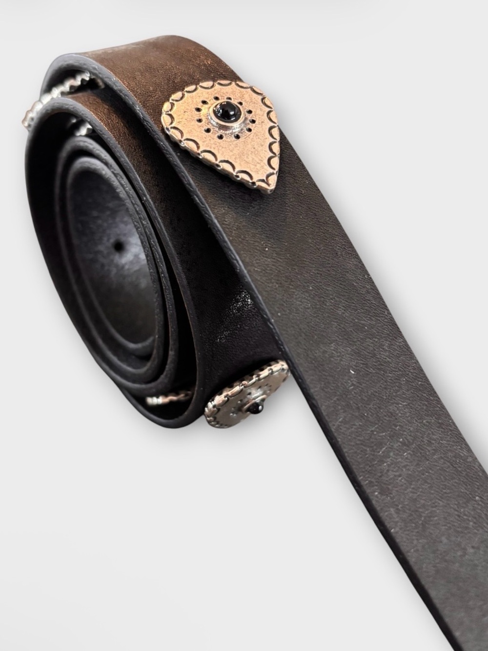 THE KOOPLES Western Silver Buckle Leather Belt Black Boho Chic Statement